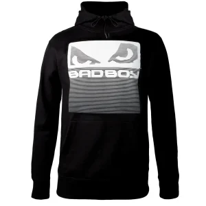 Bad Boy Black Linear Print Hoodie Close up view of a Bad Boy Linear Print Logo Hoodie in black