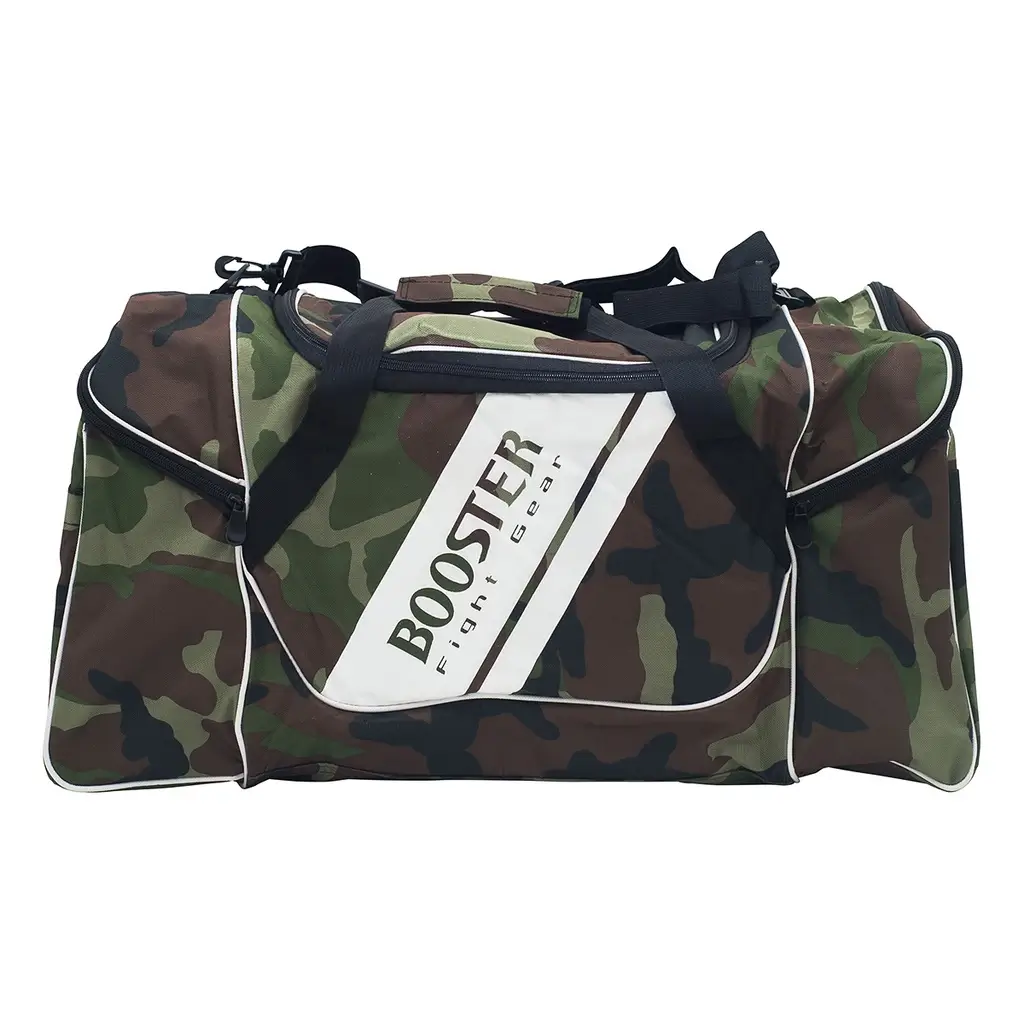 A sturdy, spacious 'Booster Team Duffel Sports Bag' in black and blue color scheme.