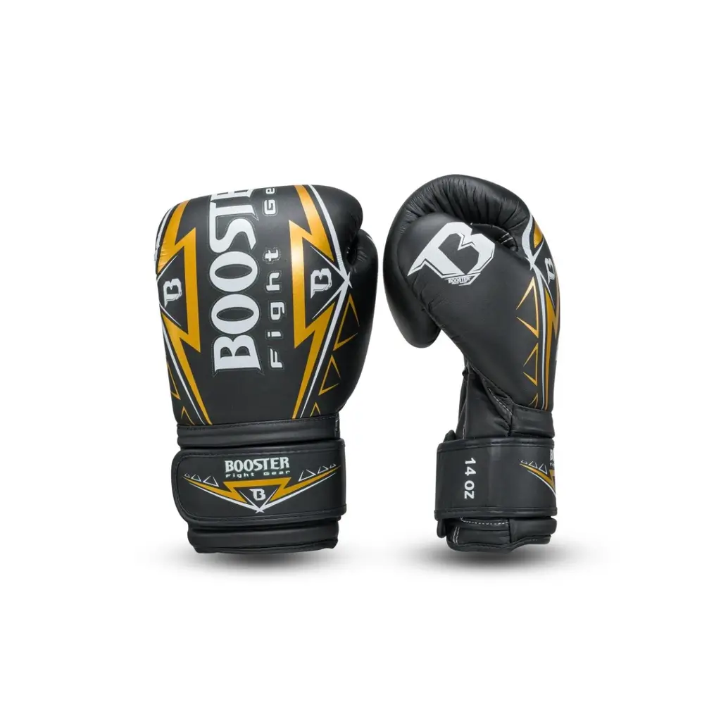 A pair of Booster Warrior Boxing Gloves in red and black design.