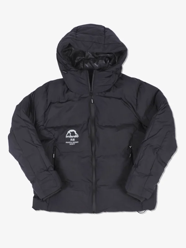 Woman wearing Manto Society Puffer Jacket in black color