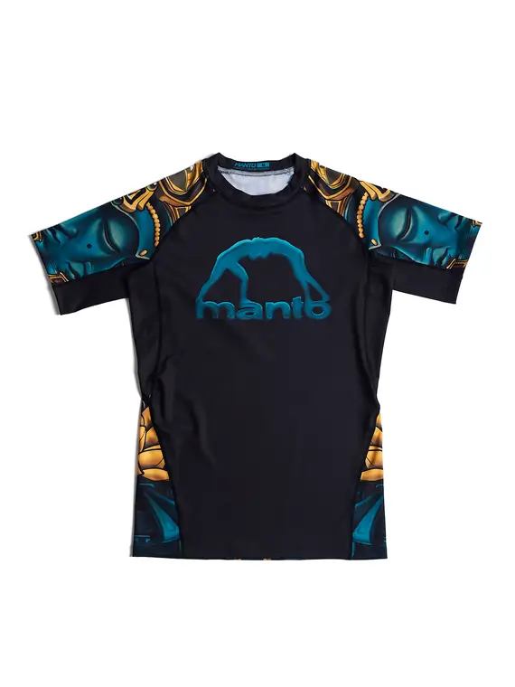 Manto Big Buddha Rash Guard in a blue color with Buddha's image visible