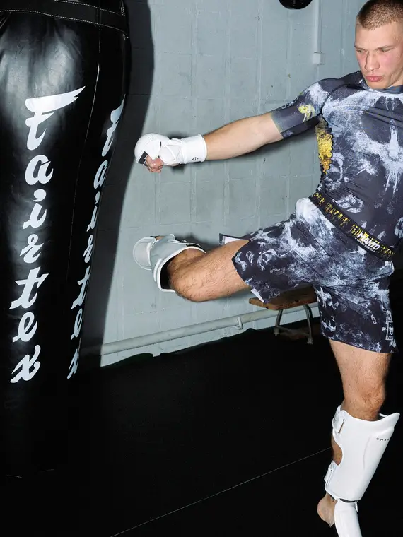 Pair of Manto Disobey Fight Shorts on white background