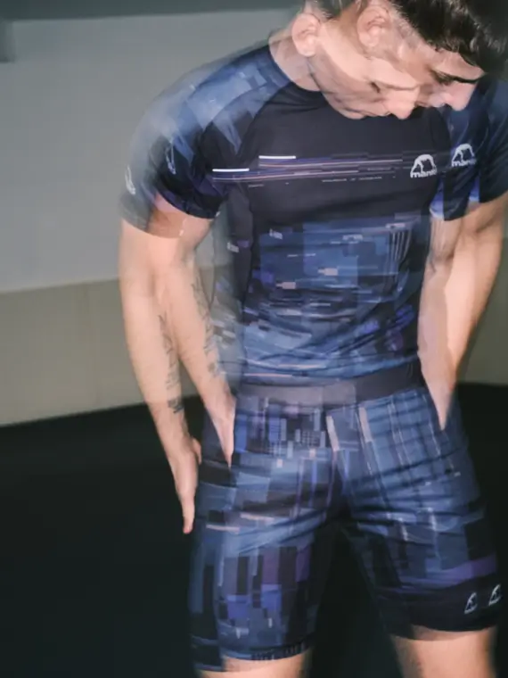 Black and white Manto Endure VT Shorts on white background