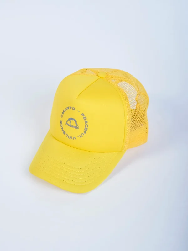 Blue Manto Mission Trucker Style Cap on white background