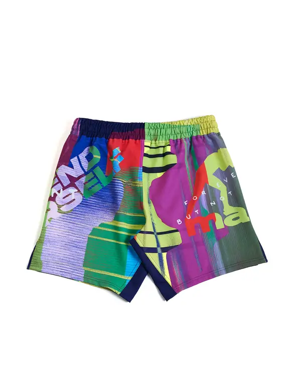Neon-colored abstract patterned Manto fight shorts