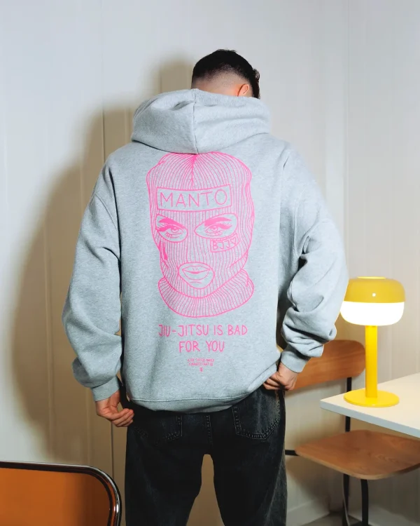 Manto X Ktof Balaclava Oversize Hoodie Heather Grey Pink 4 Man wearing a Manto x KTOF Balaclava Oversize Hoodie