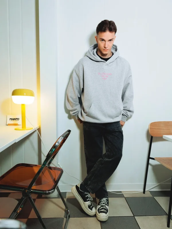 Manto X Ktof Balaclava Oversize Hoodie Heather Grey Pink 5 Man wearing Manto x KTOF Balaclava Oversize Hoodie