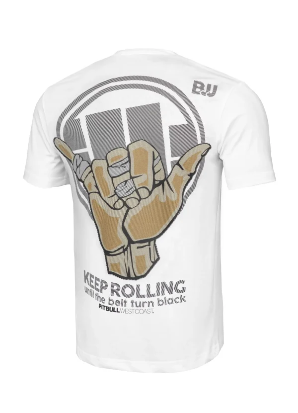 Pitbull Keep Rolling T Shirt White 3 A stylish Pitbull Keep Rolling T-Shirt displayed on a hanger.