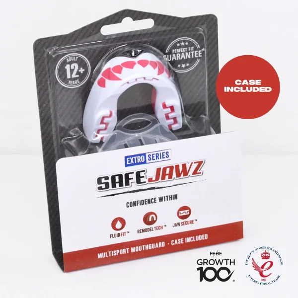 Safejawz Extro Series Fangz Mouth Guard White Pink 4 Image of Safejawz Extro Series Fangz Mouth Guard, a protective dental gear for sports
