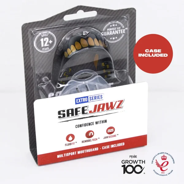 Safejawz Extro Series Goldie Mouth Guard Black Gold 4 Image of Safejawz Extro Series Goldie Mouth Guard, designed for enhanced oral protection.
