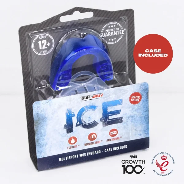 Safejawz Extro Series Ice Mouth Guard Blue 3 Athlete wearing the Safejawz Extro Series Ice Mouth Guard