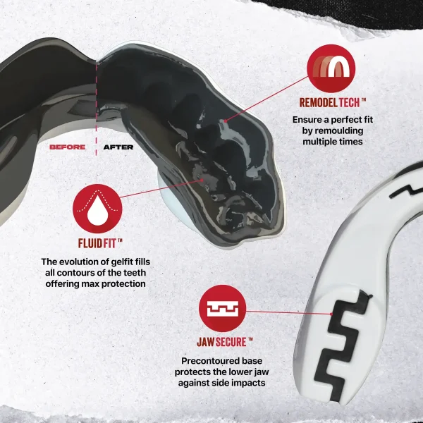 Safejawz Extro Series Mo Mouth Guard White Black 1 Athlete wearing the Safejawz Extro Series Mo Mouth Guard for maximum teeth protection during sports.