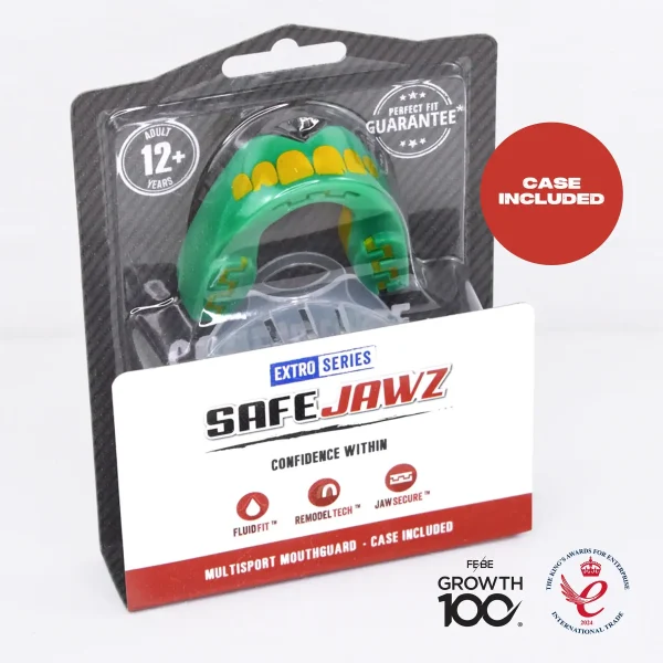 Safejawz Extro Series Ogre Mouth Guard Green Yellow 3 Image of Safejawz Extro Series Ogre Mouth Guard, designed for maximum protection.