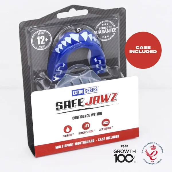 Safejawz Extro Series Shark Mouth Guard Blue White 1 Image of Safejawz Extro Series Shark Mouth Guard for teeth protection during sports.
