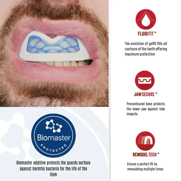 Safejawz Nitro Sports Mouth Guard White Blue 3 Close-up image of Safejawz Nitro Sports Mouth Guard