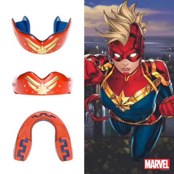 A picture showcasing 'Safejawz x Marvel Captain Marvel Mouthguard' intended for sport and combat safety.
