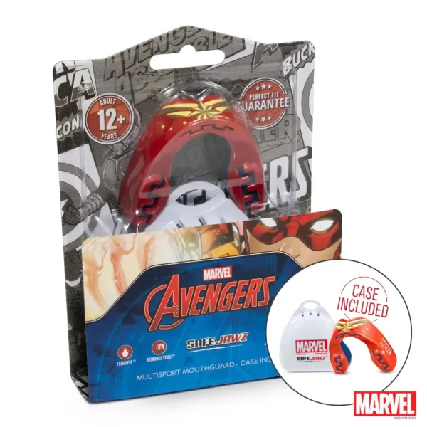 Image of Safejawz x Marvel Captain Marvel Mouthguard, showing vibrant colors and protective design.