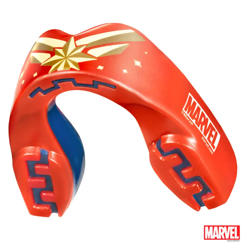 A close-up view of the Safejawz x Marvel Captain Marvel Mouthguard product.