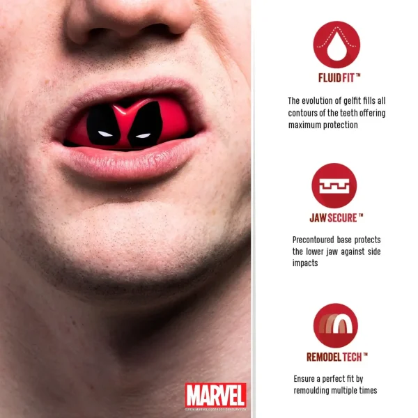 Image of Safejawz x Marvel Deadpool Mouthguard, protective oral gear featuring Deadpool design.