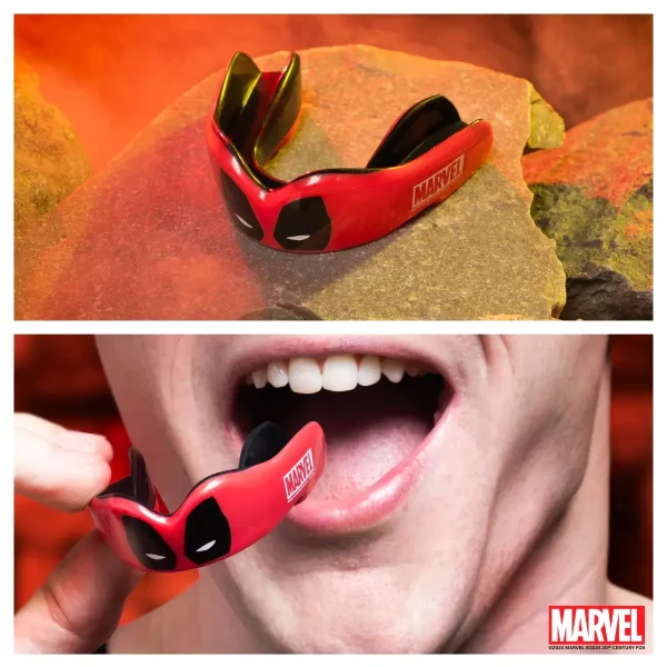 Safejawz x Marvel Deadpool Mouthguard product design image featuring its signature red and black colors