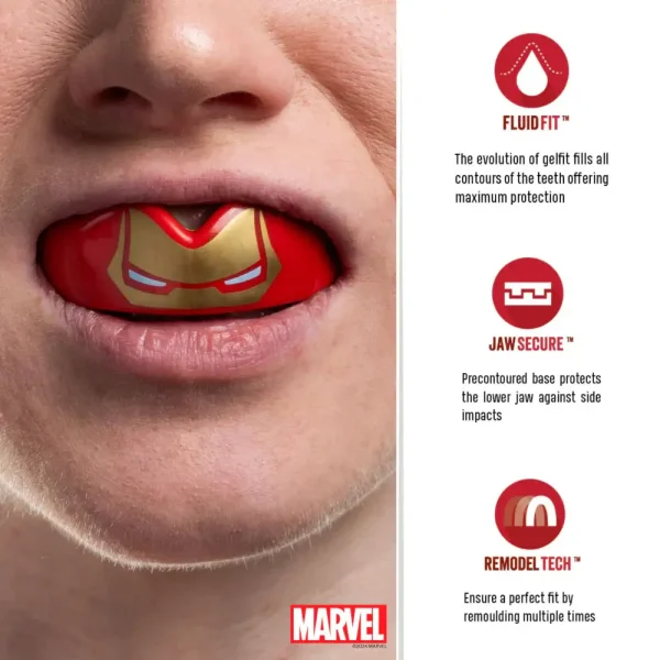 Closeup image of the Safejawz x Marvel Iron-man Mouthguard, displaying the Iron-man design.