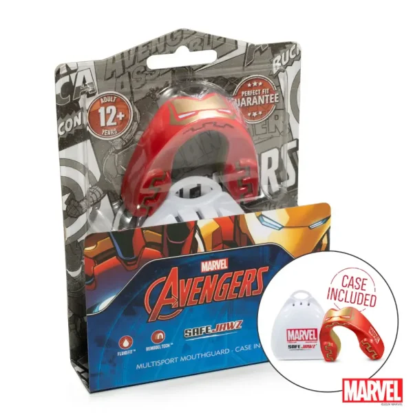 A red and gold 'Safejawz x Marvel Iron-man Mouthguard' designed for teeth protection during sports activities.