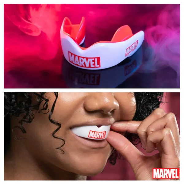 Safejawz X Marvel Logo Mouthguard White 2 A person holding the Safejawz x Marvel Logo Mouthguard in their hand.