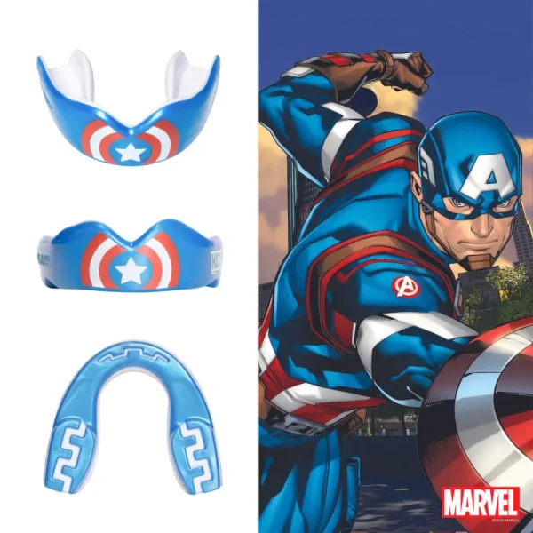 Superhero inspired 'Safejawz x Marvel Ortho Captain America Mouthguard' for sports safety.