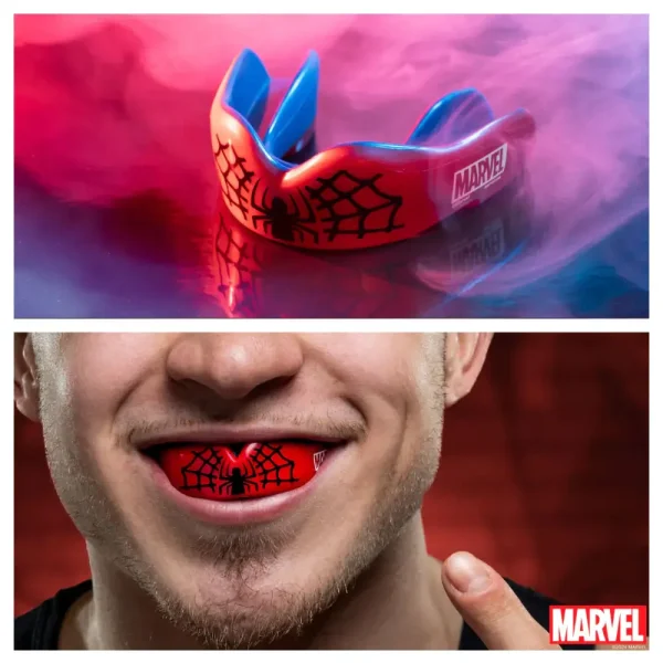 Dental guard product 'Safejawz x Marvel Ortho Spider-Man Mouthguard' showcasing its design and effectiveness.