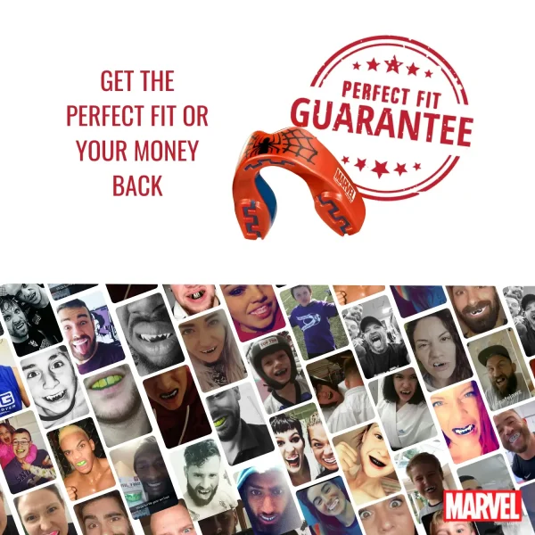A close-up image of the Safejawz x Marvel Ortho Spider-Man Mouthguard, a mouth safety gear adorned with Spider-Man design.