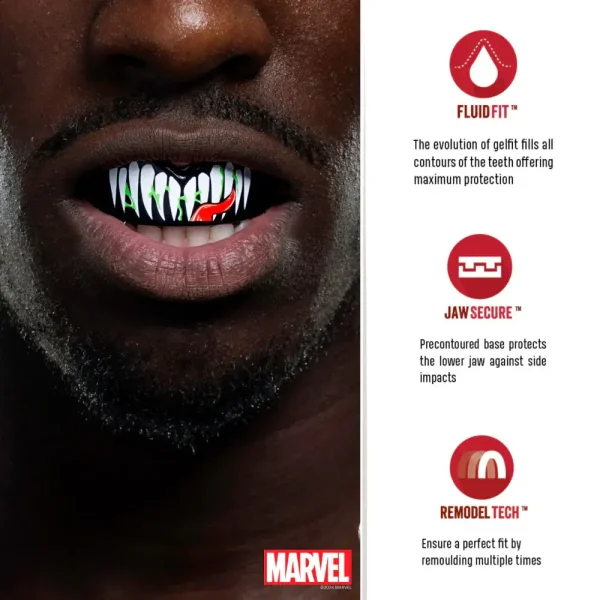 Safejawz x Marvel Ortho Venom Mouthguard, a protective sports equipment ideal for contact sports.
