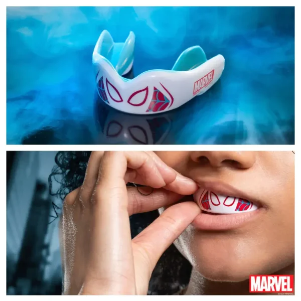 Safejawz X Marvel Spider Gwen Mouthguard White 2 Safejawz x Marvel Spider-Gwen Mouthguard being displayed, perfect protective gear for sports