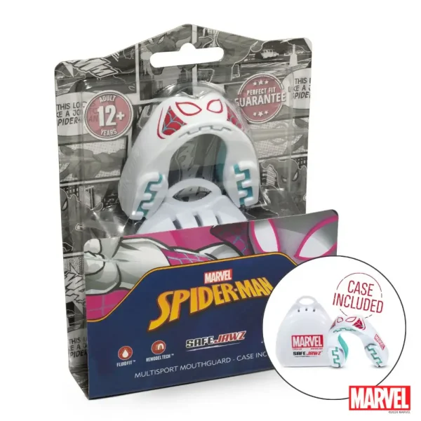 Safejawz X Marvel Spider Gwen Mouthguard White 4 The 'Safejawz x Marvel Spider-Gwen Mouthguard' protects teeth during sports activities.