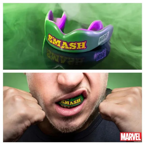 Safejawz X Marvel The Hulk Mouthguard Green 3 Safejawz x Marvel The Hulk Mouthguard, a protective sports accessory for teeth and gums.