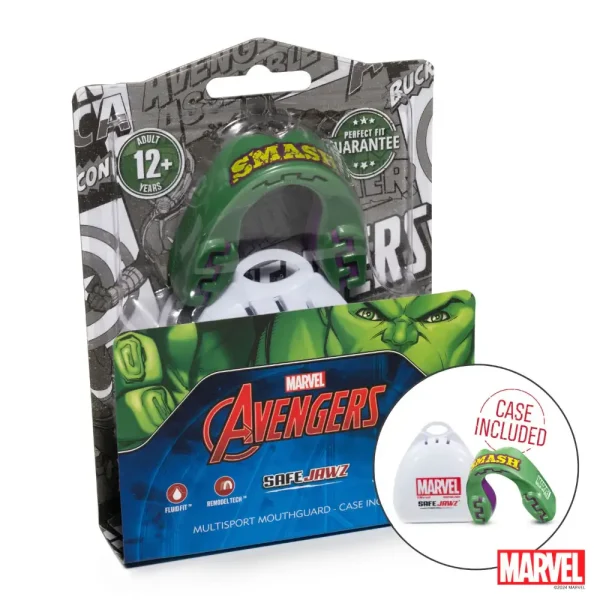 Safejawz X Marvel The Hulk Mouthguard Green 5 Image of the Safejawz x Marvel The Hulk Mouthguard, a durable sports protective gear with Hulk graphic design.
