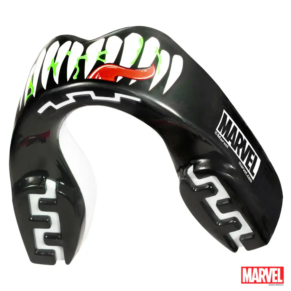 Athletic person wearing the Safejawz x Marvel Venom Mouthguard during a combat sport training session.