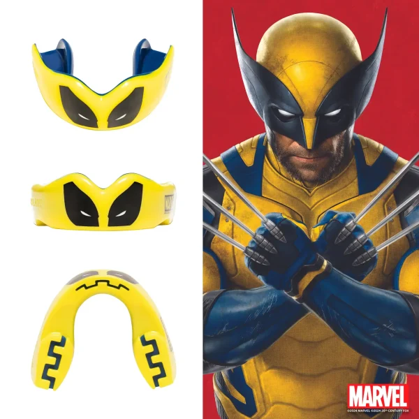 Safejawz X Marvel Wolverine Mouthguard Yellow 2 A 'Safejawz x Marvel Wolverine Mouthguard' displayed prominently.