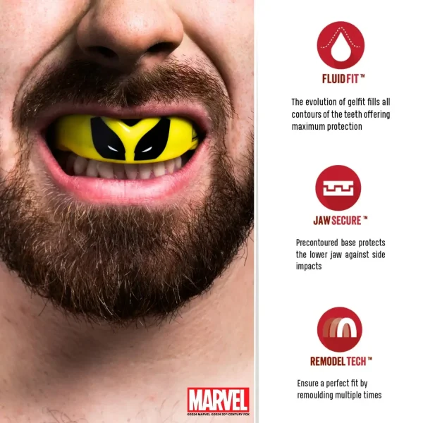 Safejawz X Marvel Wolverine Mouthguard Yellow 3 Close-up image of the Safejawz x Marvel Wolverine Mouthguard