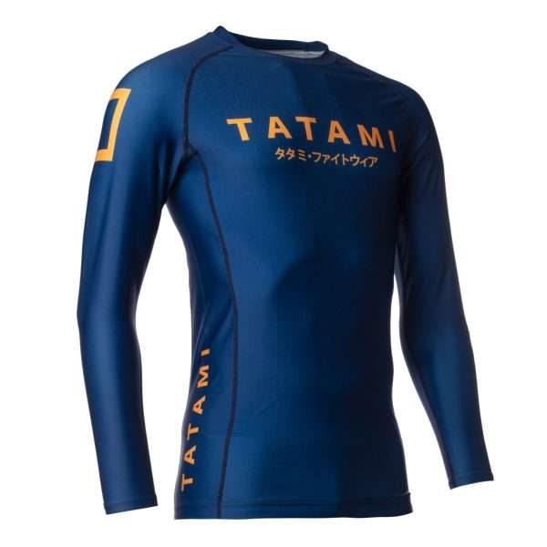 Tatami Fightwear Katakana Longsleeve Rashguard Navy 2 Tatami Fightwear Katakana Longsleeve Rashguard - Navy in Navy — three‑quarter angle