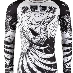 A vibrant image displaying the Tatami Fightwear Phoenix Rising Rashguard, showcasing its detailed design and high-quality material.