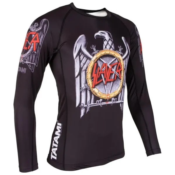 A visually striking image of Tatami Fightwear Slayer Eagle Rashguard, a high-quality fitness wear for martial arts training.