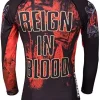 Tatami Fightwear Slayer Reign In Blood Rashguard Black 1 'Man wearing Tatami Fightwear Slayer Reign In Blood Rashguard in combat stance'.