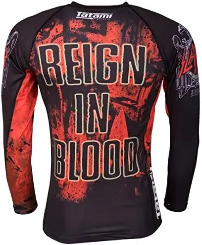 Tatami Fightwear Slayer Reign In Blood Rashguard Black 1 'Man wearing Tatami Fightwear Slayer Reign In Blood Rashguard in combat stance'.