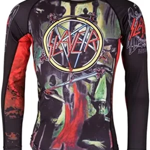Athlete wearing Tatami Fightwear Slayer Reign In Blood Rashguard for martial arts training.