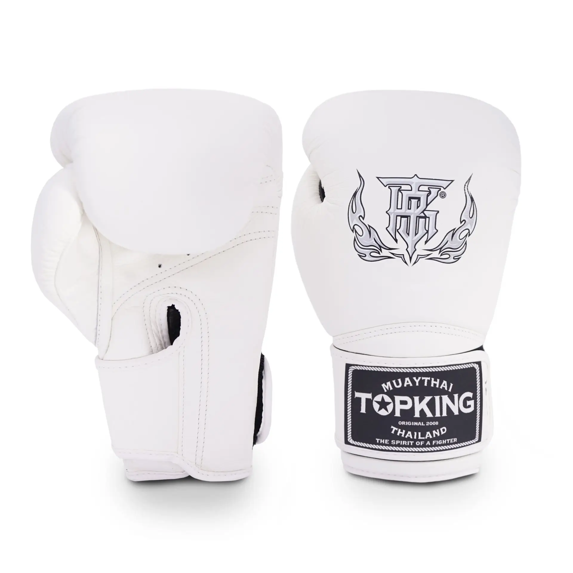 A pair of 'Top King Super Single Tone Muay Thai Boxing Gloves' in pristine condition.