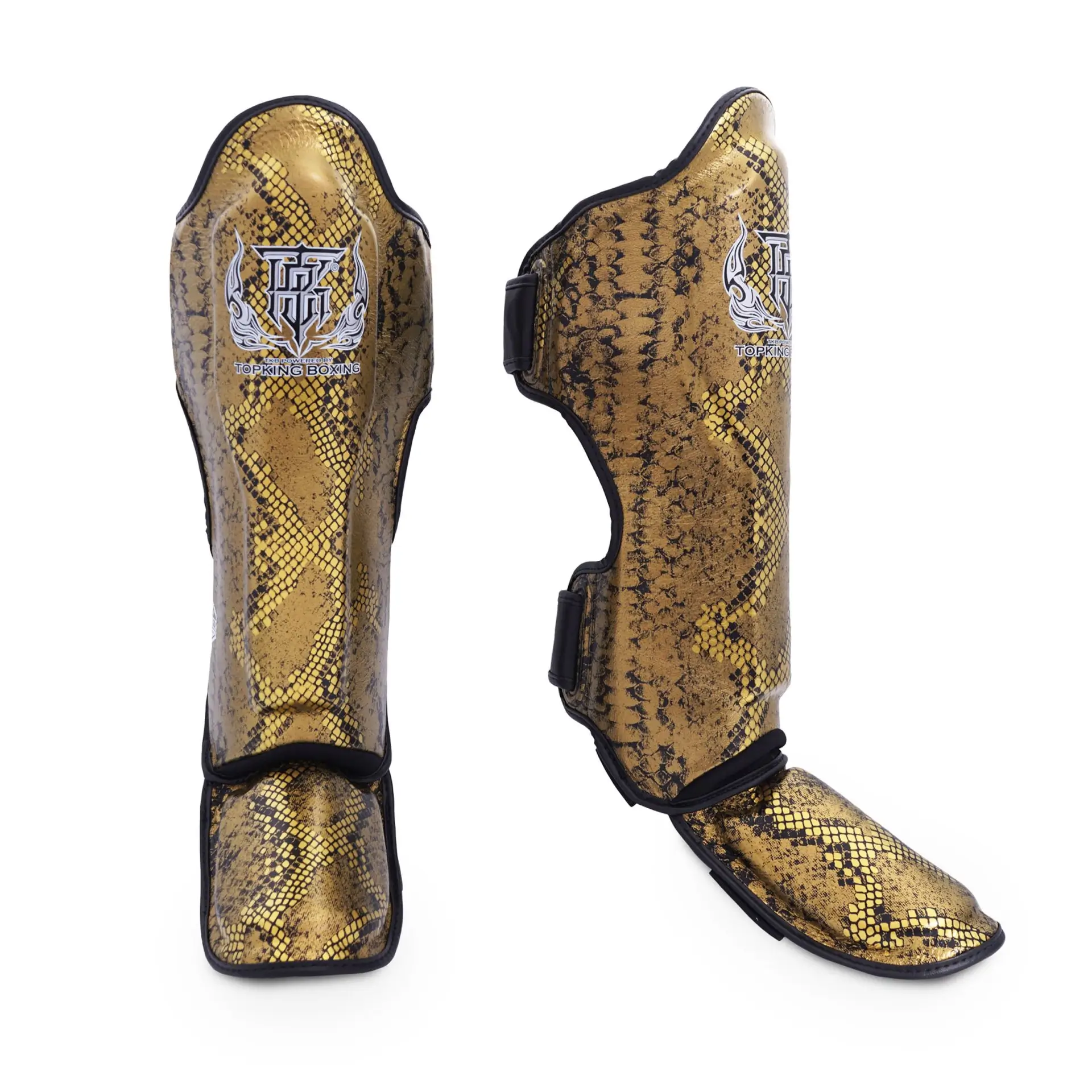 High-quality Top King Super Snake Shin Guards in red and black color, perfect for martial arts training.