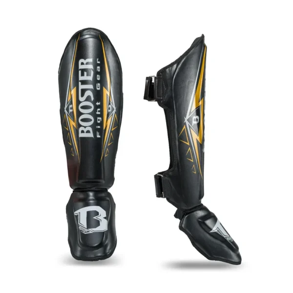 A sturdy pair of Booster Warrior Muay Thai Shin Guards providing high defense in combat sports