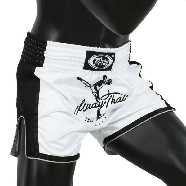 Fairtex BS1707 Muay Thai Shorts - White/Black in White/Black — detail shot