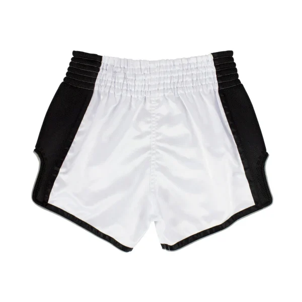 Fairtex BS1707 Muay Thai Shorts - White/Black in White/Black — logo close‑up