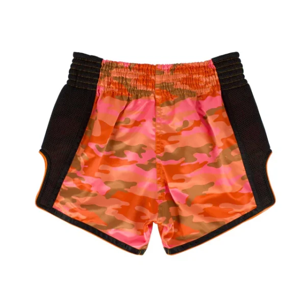 Fairtex Bs1711 Camo Muay Thai Shorts Orange 1 Fairtex BS1711 Camo Muay Thai Shorts - Orange in Orange — three‑quarter angle